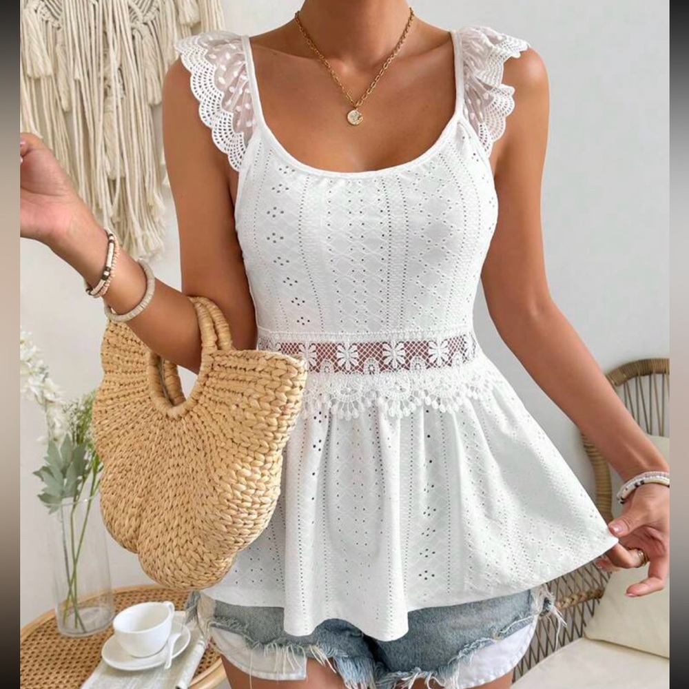 Boho Eyelet Sheer Mesh Embroidery Lace Peplum Sleeveless Top Blouse Shirt - Picture 1 of 5